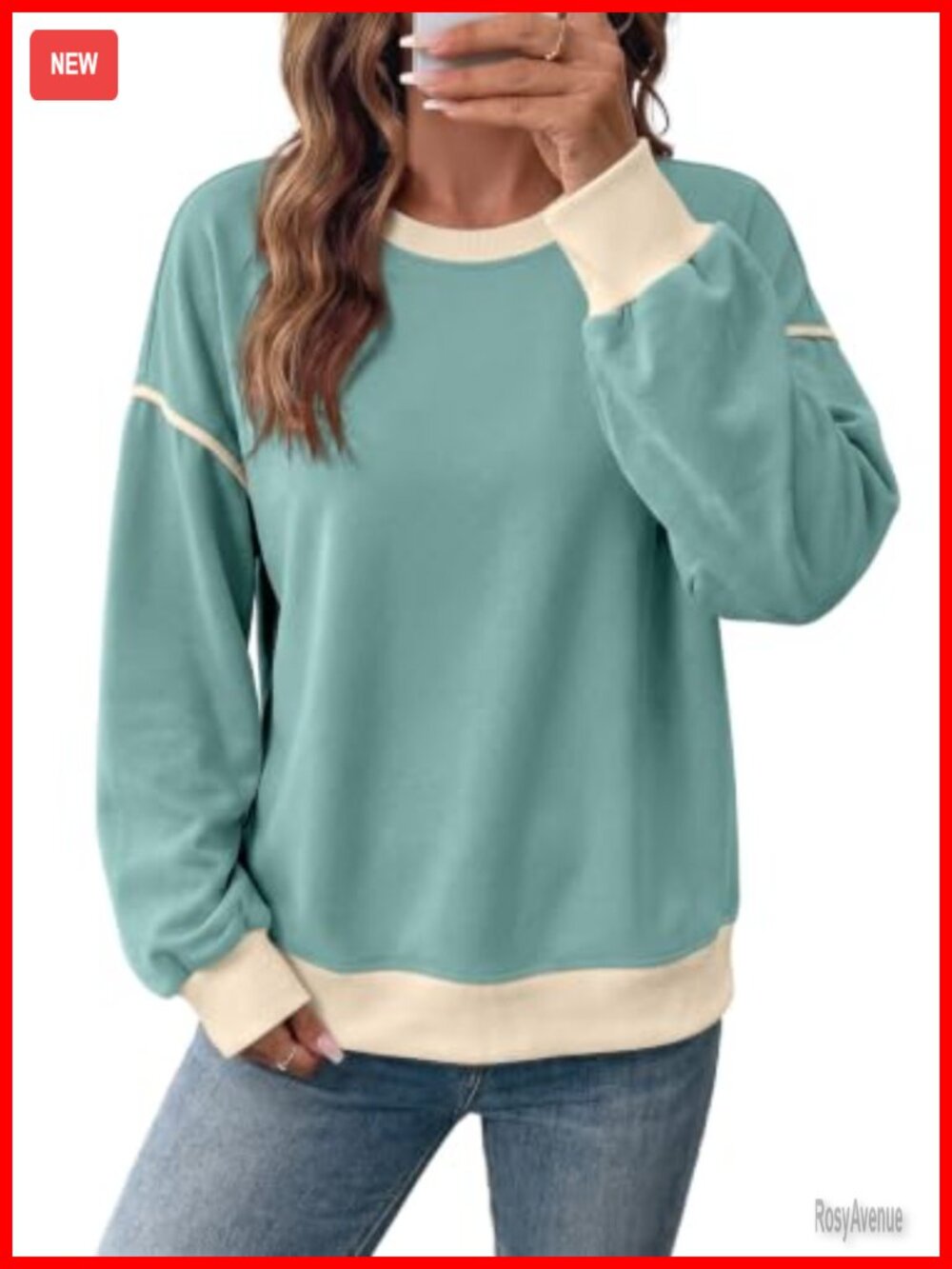 Womens Crewneck Sweatshirt Contrast Trim Long Sleeve Pullover